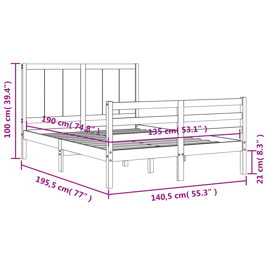 vidaXL Bed Frame with Headboard White Double Solid Wood