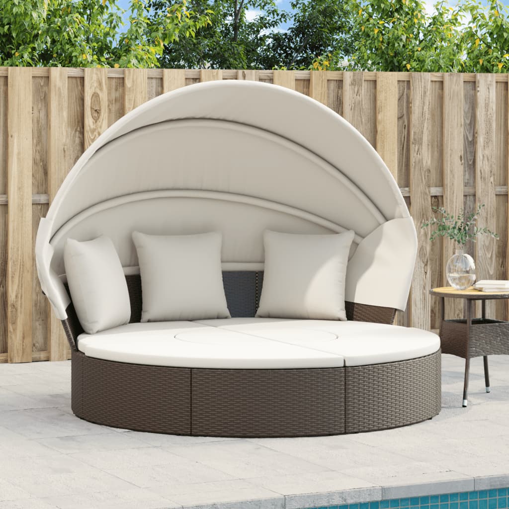 vidaXL Outdoor Lounge Bed with Canopy and Cushions Black Poly Rattan