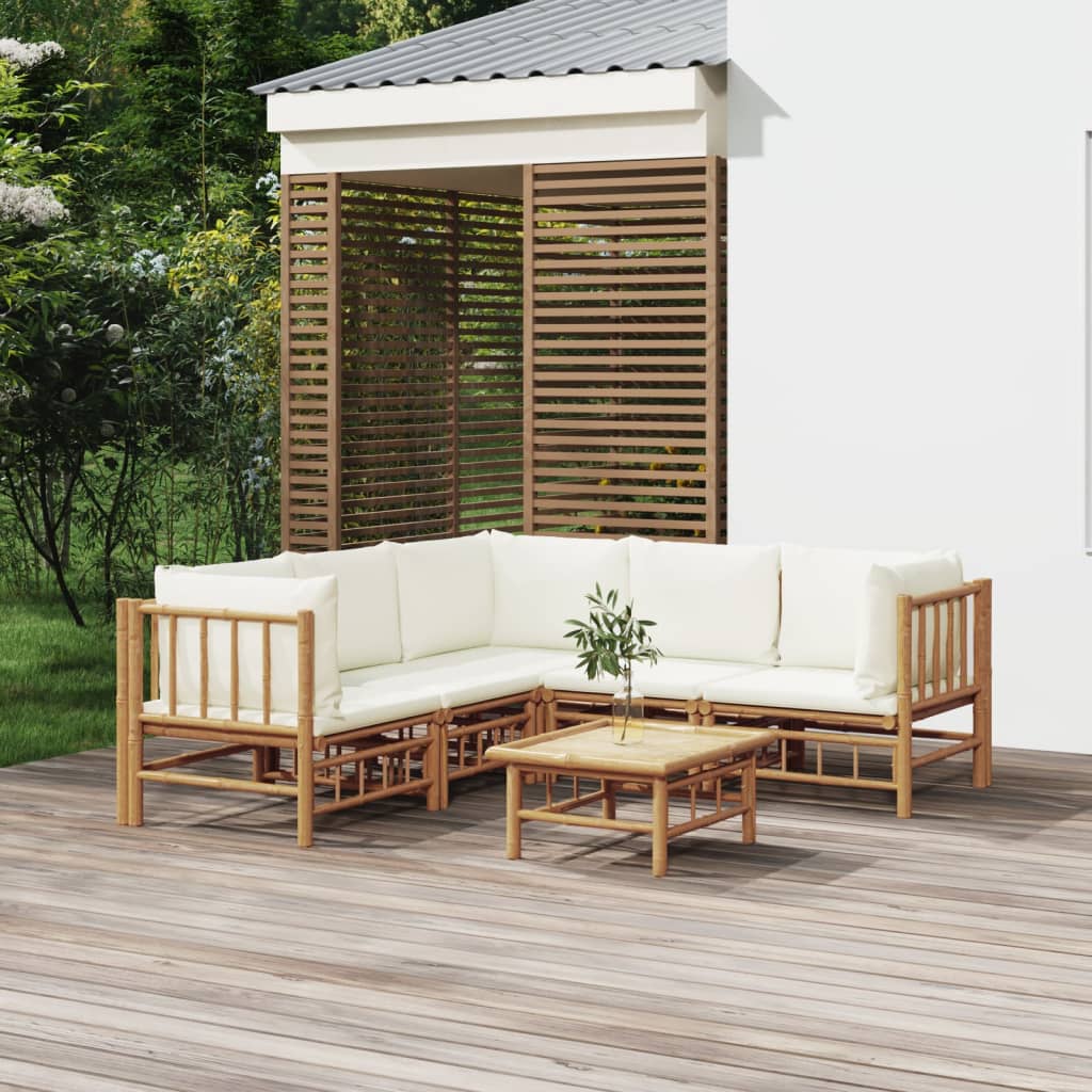 vidaXL 6 Piece Garden Lounge Set with Cream White Cushions Bamboo