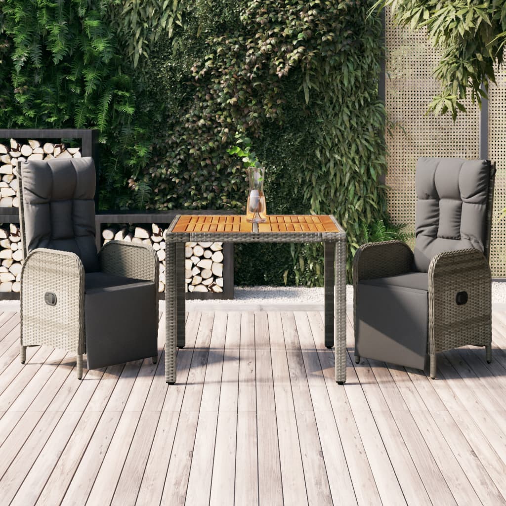 vidaXL 3 Piece Garden Dining Set with Cushions Grey Poly Rattan