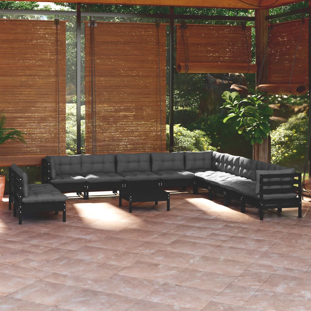 vidaXL 12 Piece Garden Lounge Set with Cushions Black Solid Pinewood