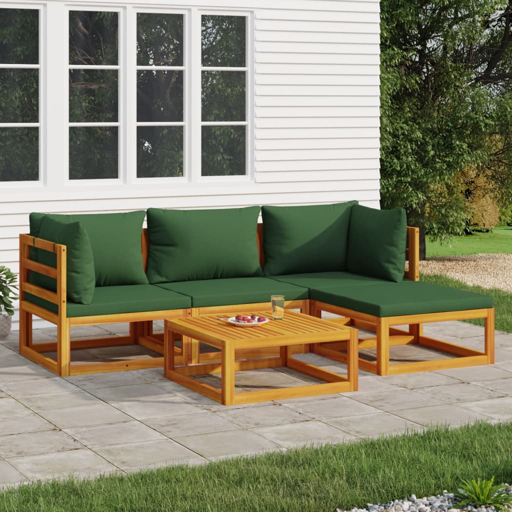 vidaXL 5 Piece Garden Lounge Set with Green Cushions Solid Wood