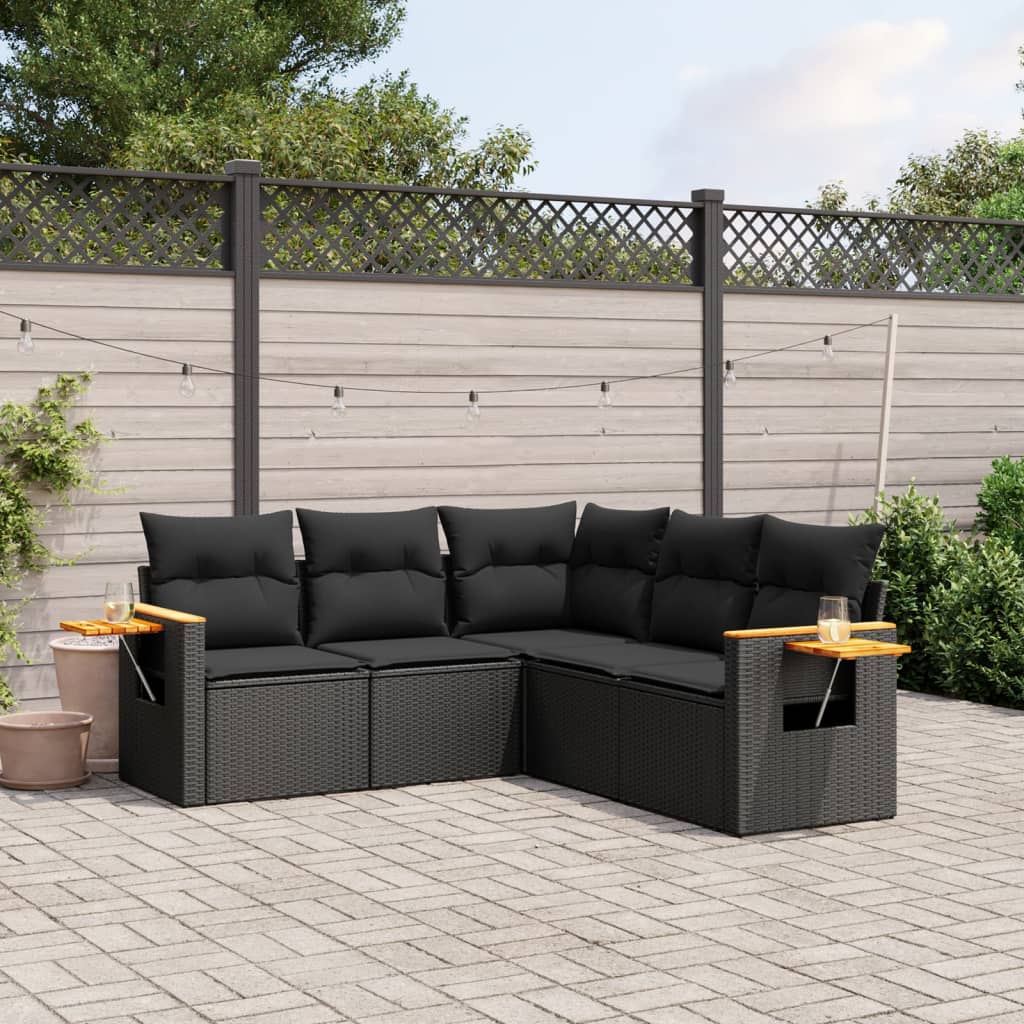 vidaXL 5 Piece Garden Sofa Set with Cushions Black Poly Rattan