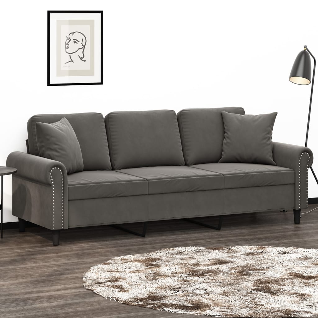 vidaXL 3-Seater Sofa with Pillows&Cushions Dark Grey 180 cm Velvet