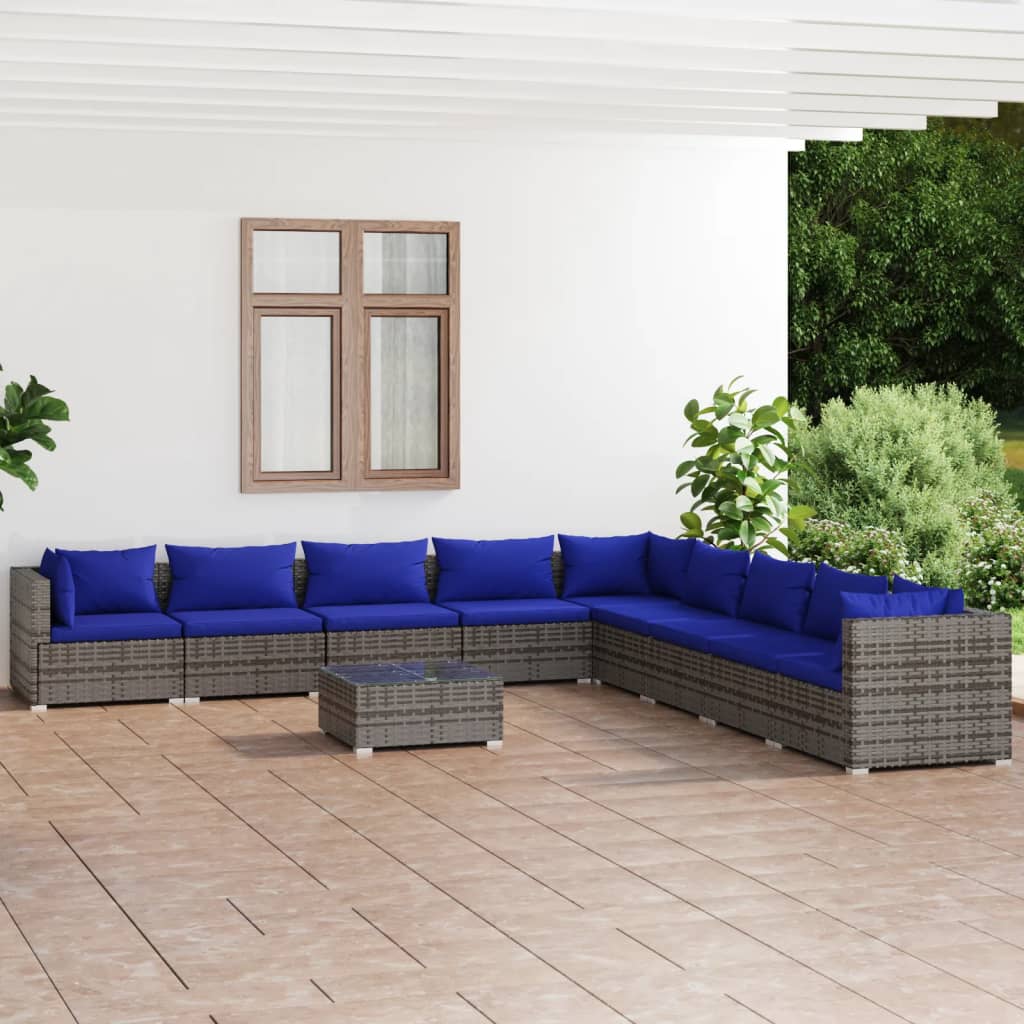 vidaXL 10 Piece Garden Lounge Set with Cushions Poly Rattan Grey