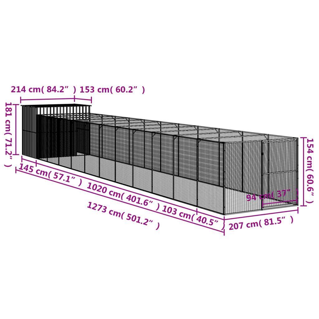 vidaXL Dog House with Run Light Grey 214x1273x181 cm Galvanised Steel