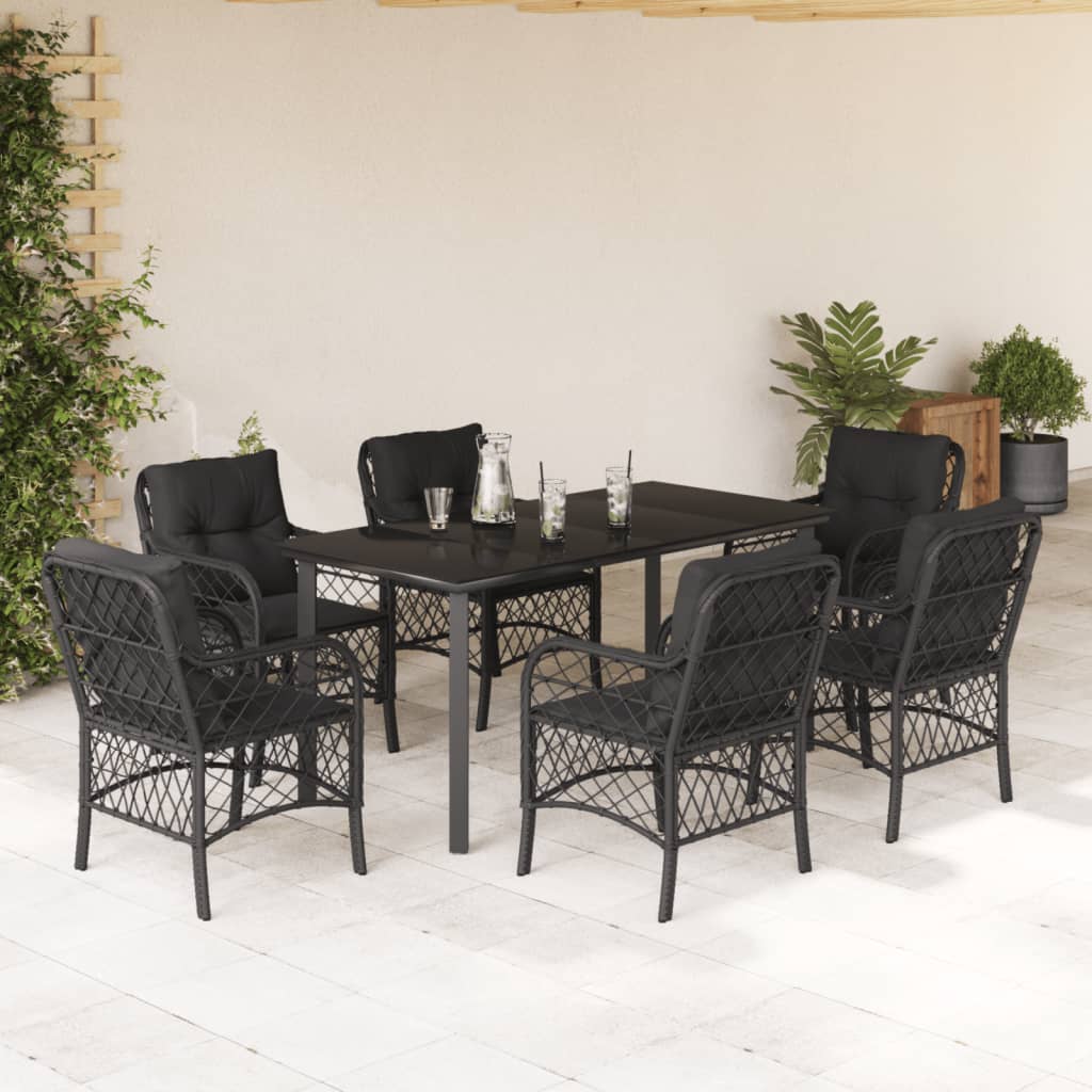 vidaXL 7 Piece Garden Dining Set with Cushions Black Poly Rattan