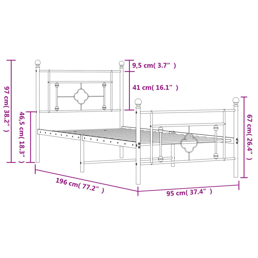 vidaXL Metal Bed Frame without Mattress with Footboard Black 90x190 cm Single