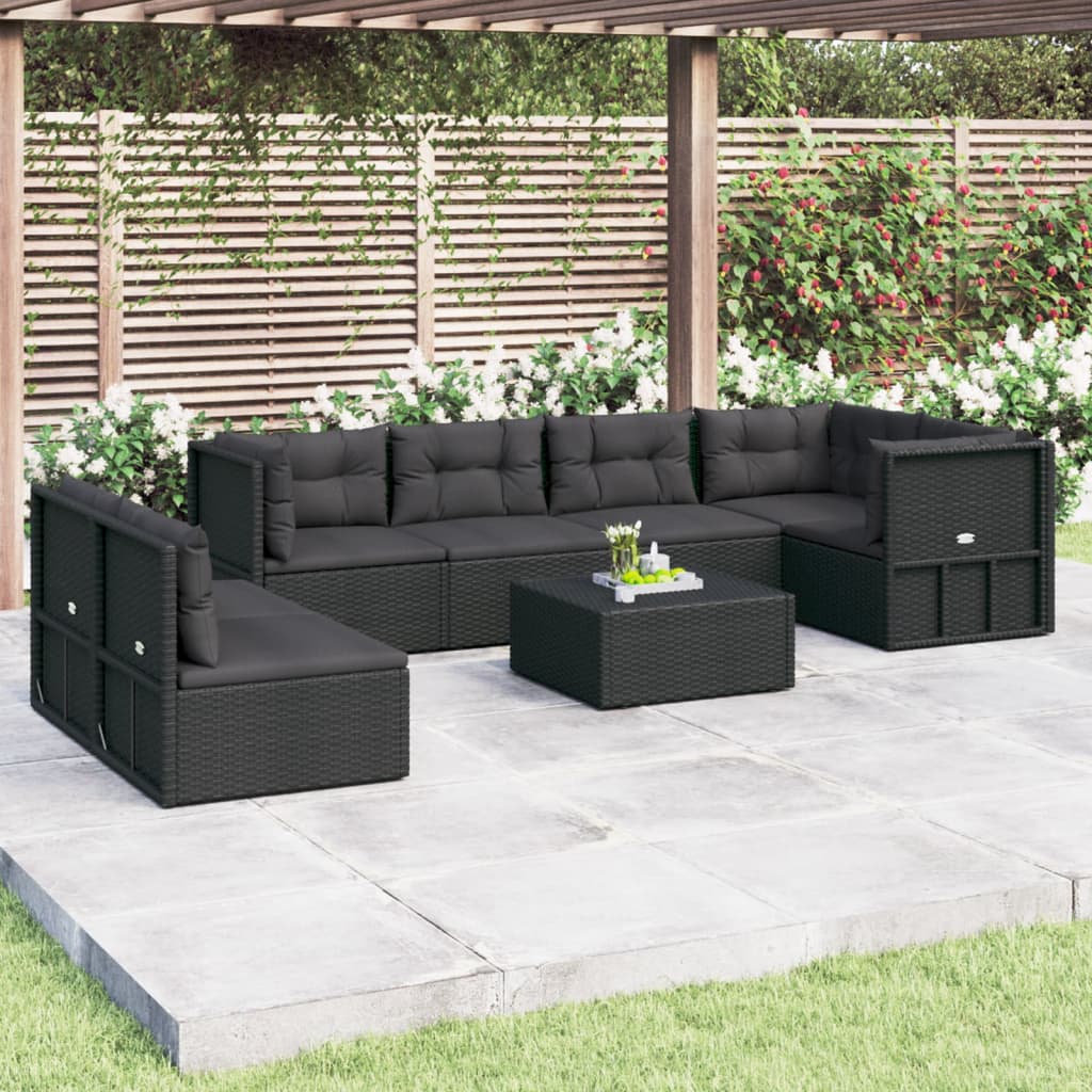 vidaXL 7 Piece Garden Lounge Set with Cushions Black Poly Rattan