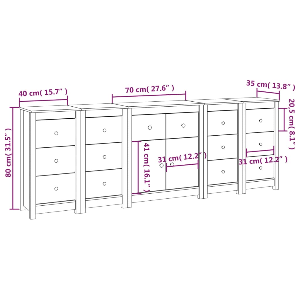 vidaXL Sideboard White 230x35x80 cm Solid Wood Pine