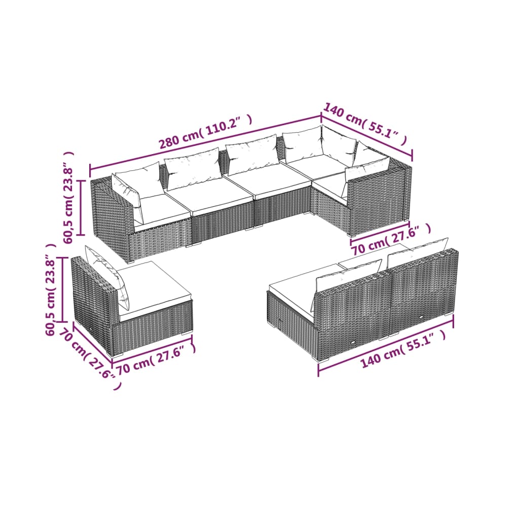 vidaXL 8 Piece Garden Lounge Set with Cushions Poly Rattan Brown