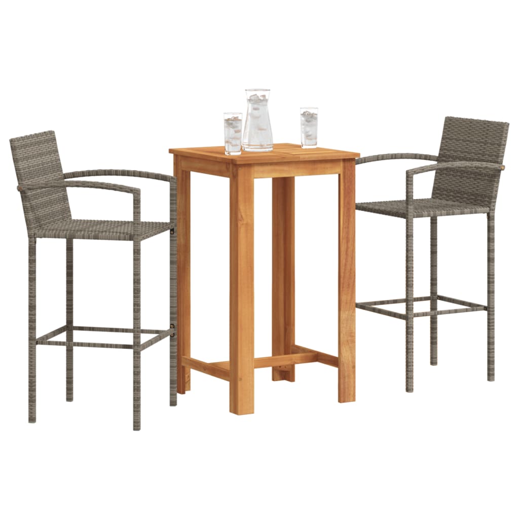 vidaXL 3 Piece Garden Bar Set Grey Solid Wood Acacia and Poly Rattan