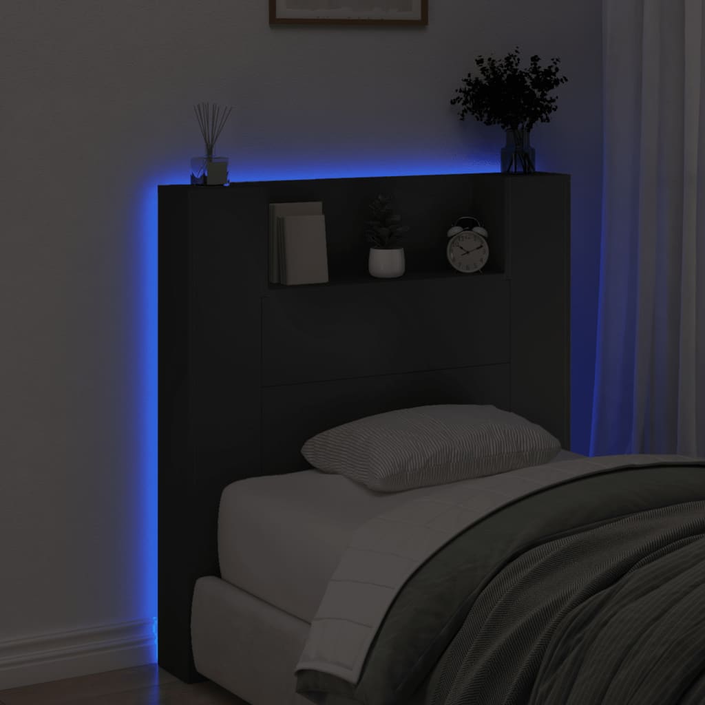 vidaXL Headboard Cabinet with LED Black 100x16.5x103.5 cm