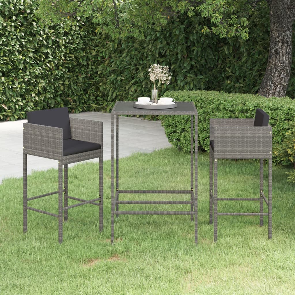 vidaXL 3 Piece Garden Bar Set with Cushions Poly Rattan Grey