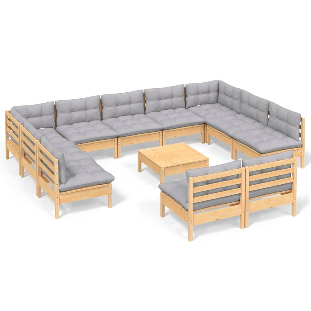 vidaXL 12 Piece Garden Lounge Set with Grey Cushions Solid Pinewood