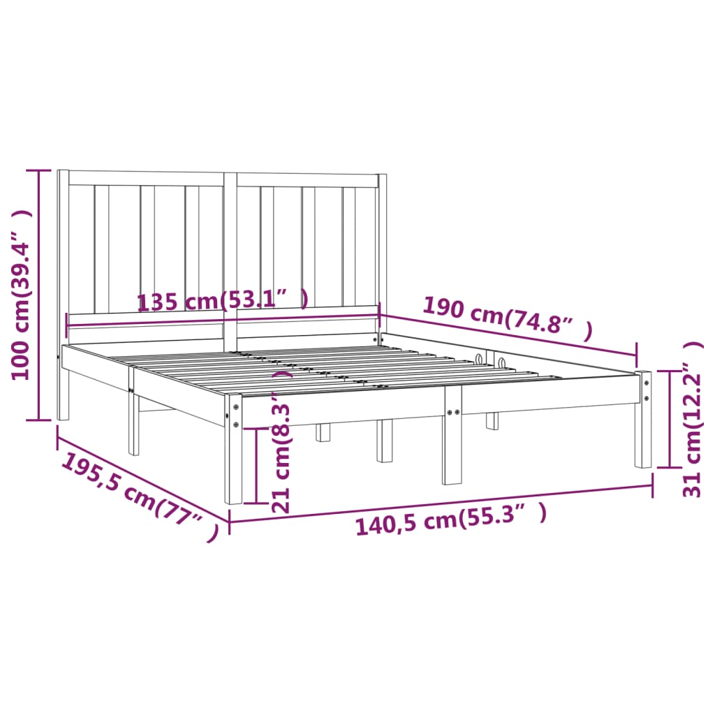 vidaXL Bed Frame without Mattress Black Solid Wood Pine 135x190 cm Double