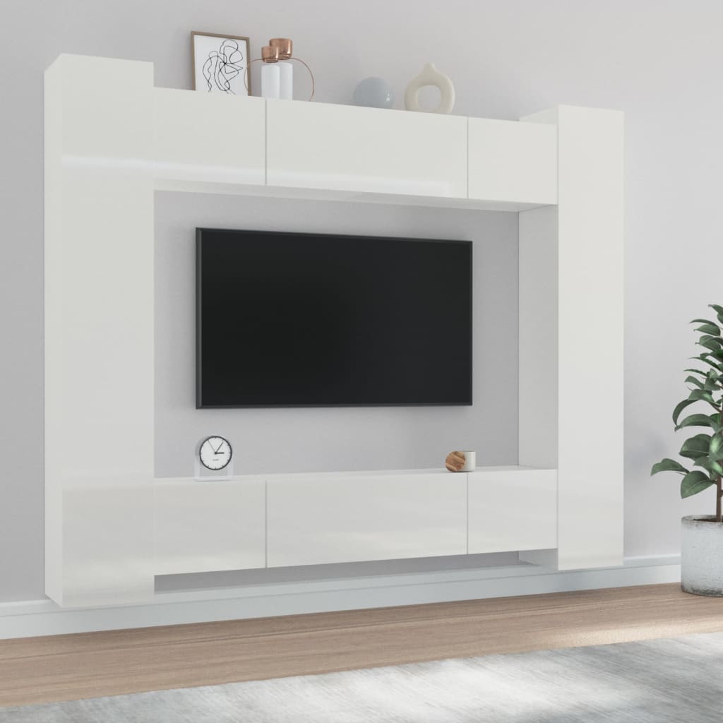 vidaXL 8 Piece TV Cabinet Set High Gloss White Engineered Wood