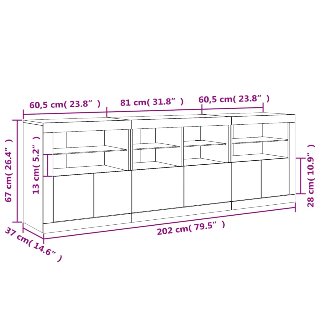 vidaXL Sideboard with LED Lights White 202x37x67 cm