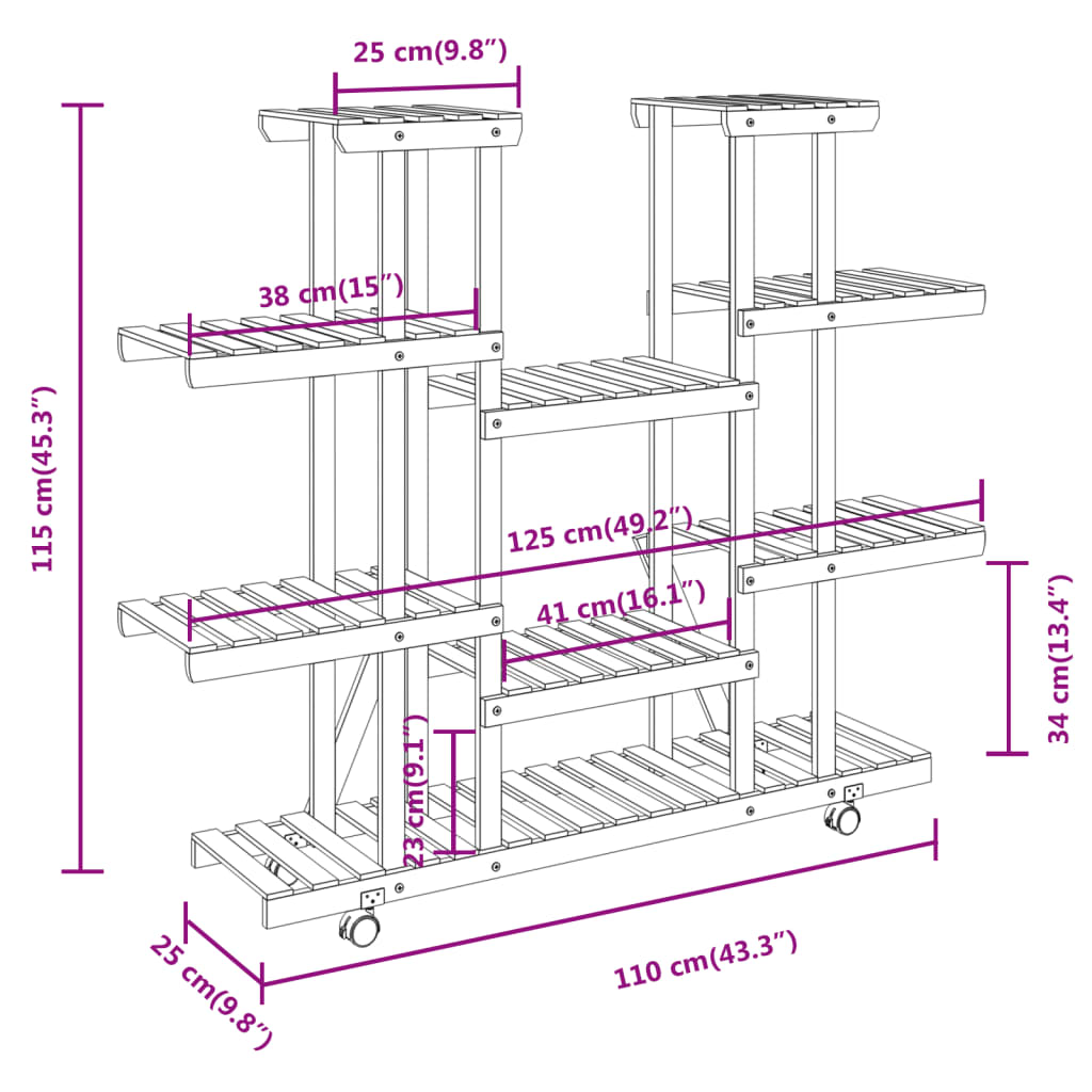 vidaXL Flower Stand with Wheels 110x25x115 cm Solid Wood Fir