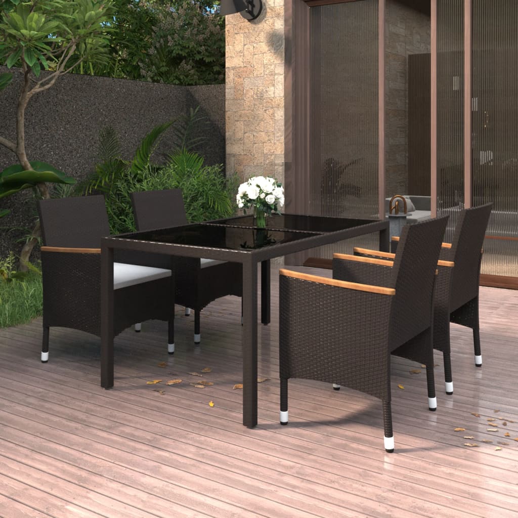 vidaXL 5 Piece Garden Dining Set Poly Rattan and Tempered Glass Black