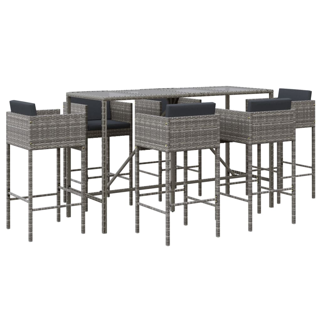 vidaXL 7 Piece Garden Bar Set with Cushions Grey Poly Rattan