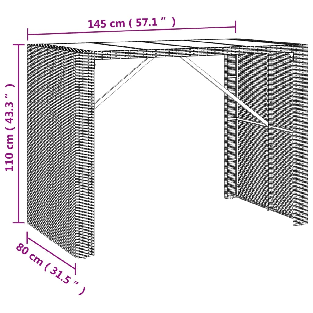 vidaXL Bar Table with Glass Top Black 145x80x110 cm Poly Rattan