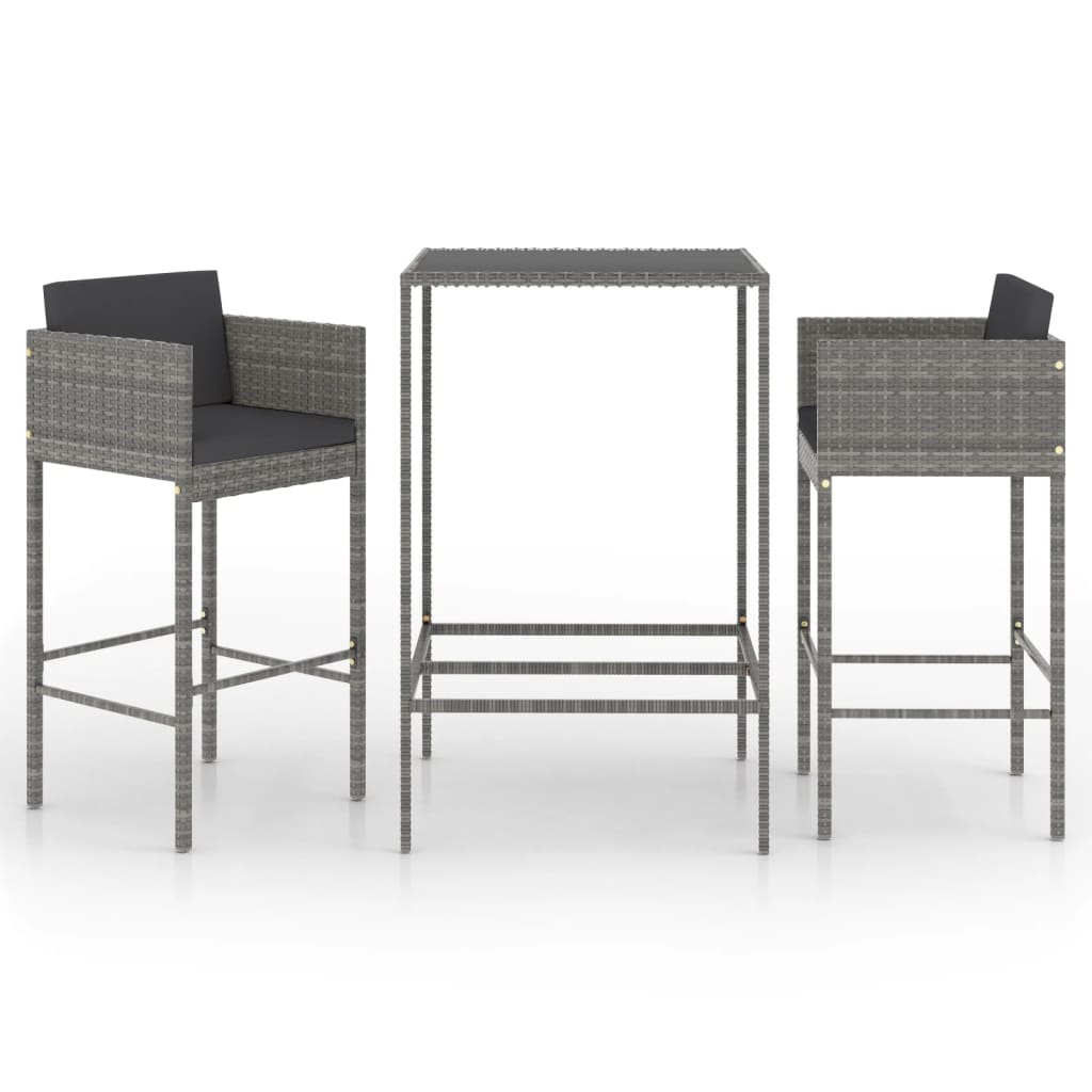 vidaXL 3 Piece Garden Bar Set with Cushions Poly Rattan Grey