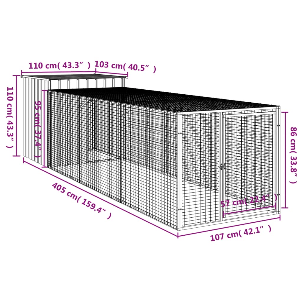 vidaXL Chicken Cage with Run Light Grey 110x405x110 cm Galvanised Steel