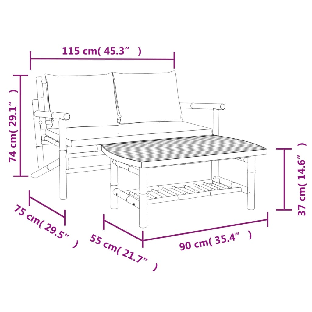 vidaXL 2 Piece Garden Lounge Set with Cream White Cushions Bamboo