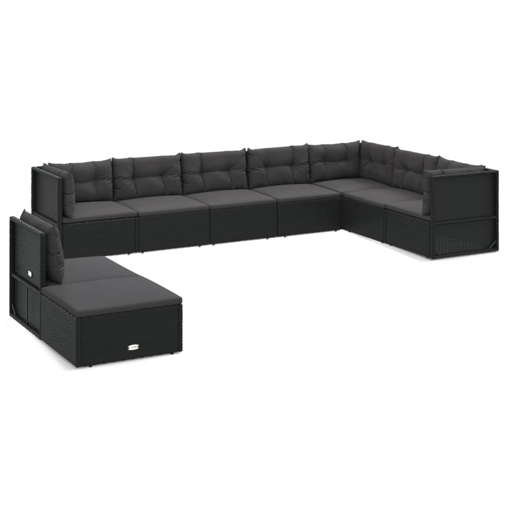 vidaXL 9 Piece Garden Lounge Set with Cushions Black Poly Rattan