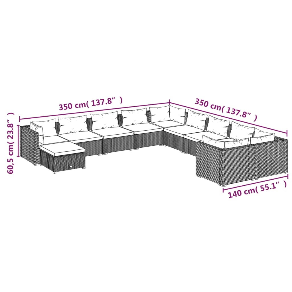 vidaXL 11 Piece Garden Lounge Set with Cushions Poly Rattan Grey