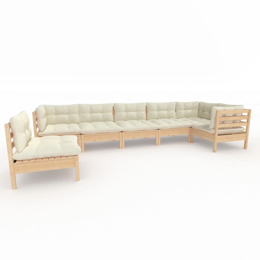 vidaXL 7 Piece Garden Lounge Set with Cream Cushions Pinewood