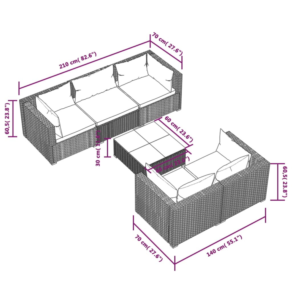 vidaXL 6 Piece Garden Lounge Set with Cushions Poly Rattan Black