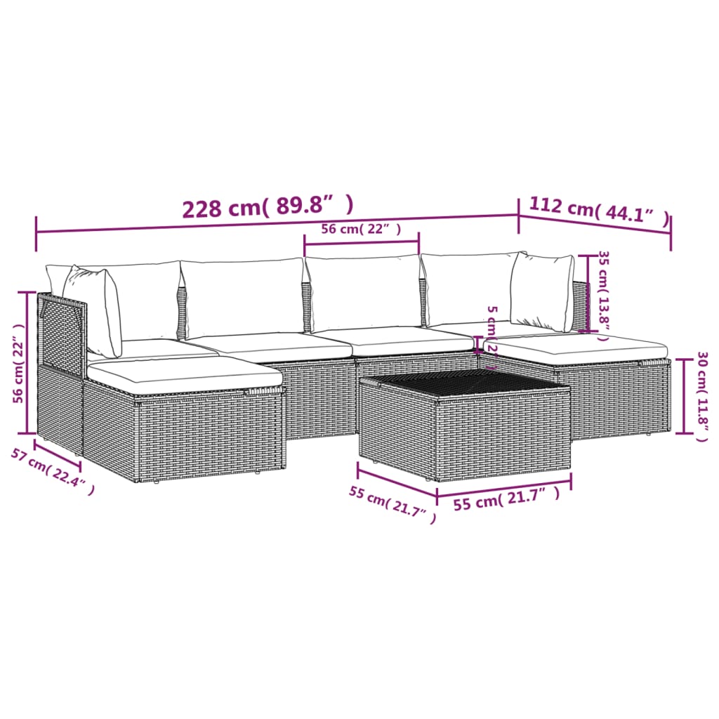 vidaXL 7 Piece Garden Lounge Set with Cushions Grey Poly Rattan