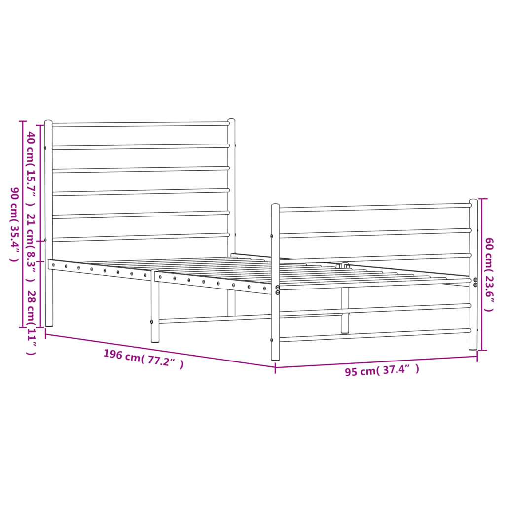 vidaXL Metal Bed Frame without Mattress with Footboard Black 90x190 cm Single