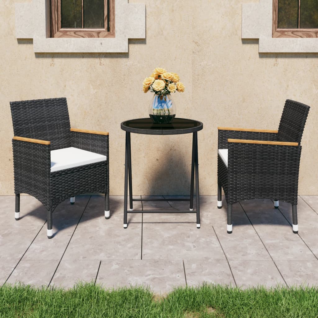 vidaXL 3 Piece Garden Bistro Set Poly Rattan and Tempered Glass Black