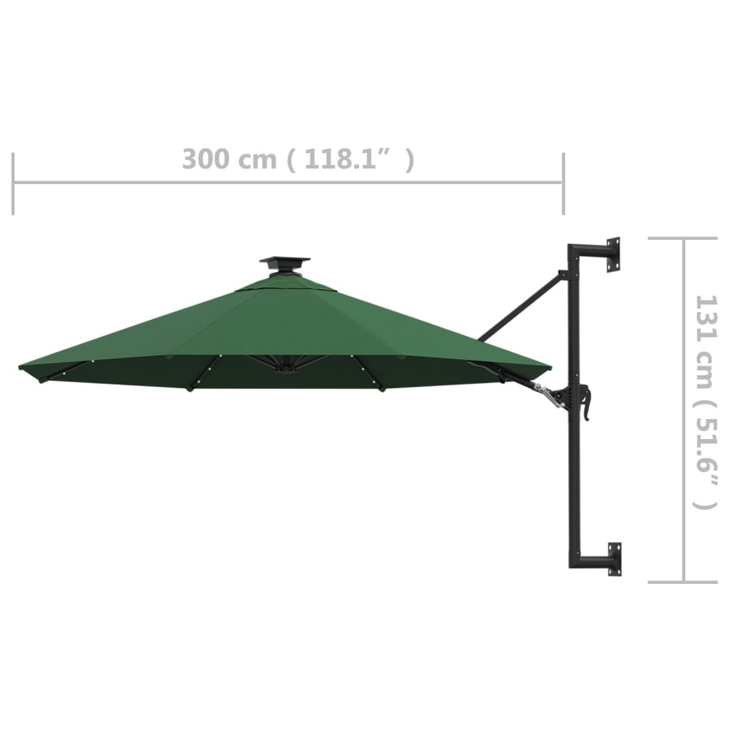 vidaXL Wall-mounted Garden Parasol with LEDs 300 cm Green