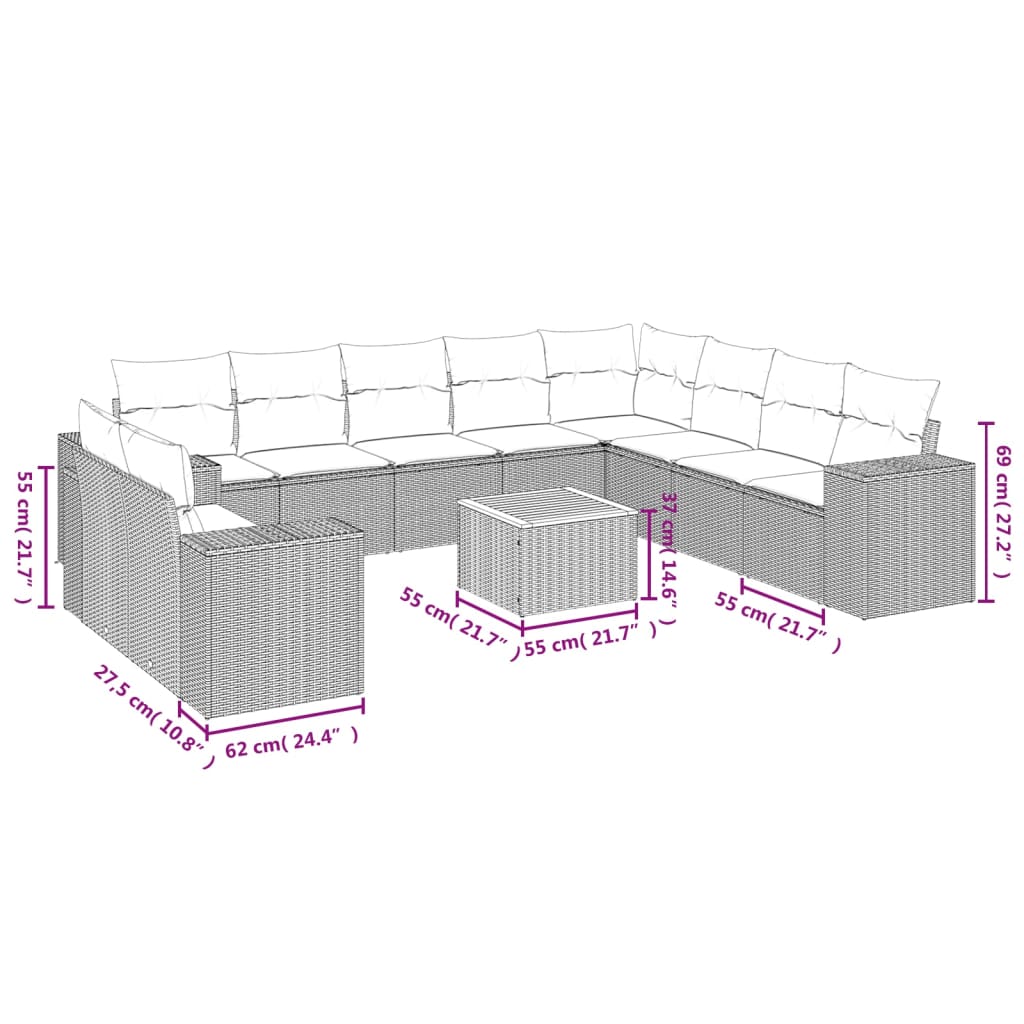 vidaXL 11 Piece Garden Sofa Set with Cushions Grey Poly Rattan