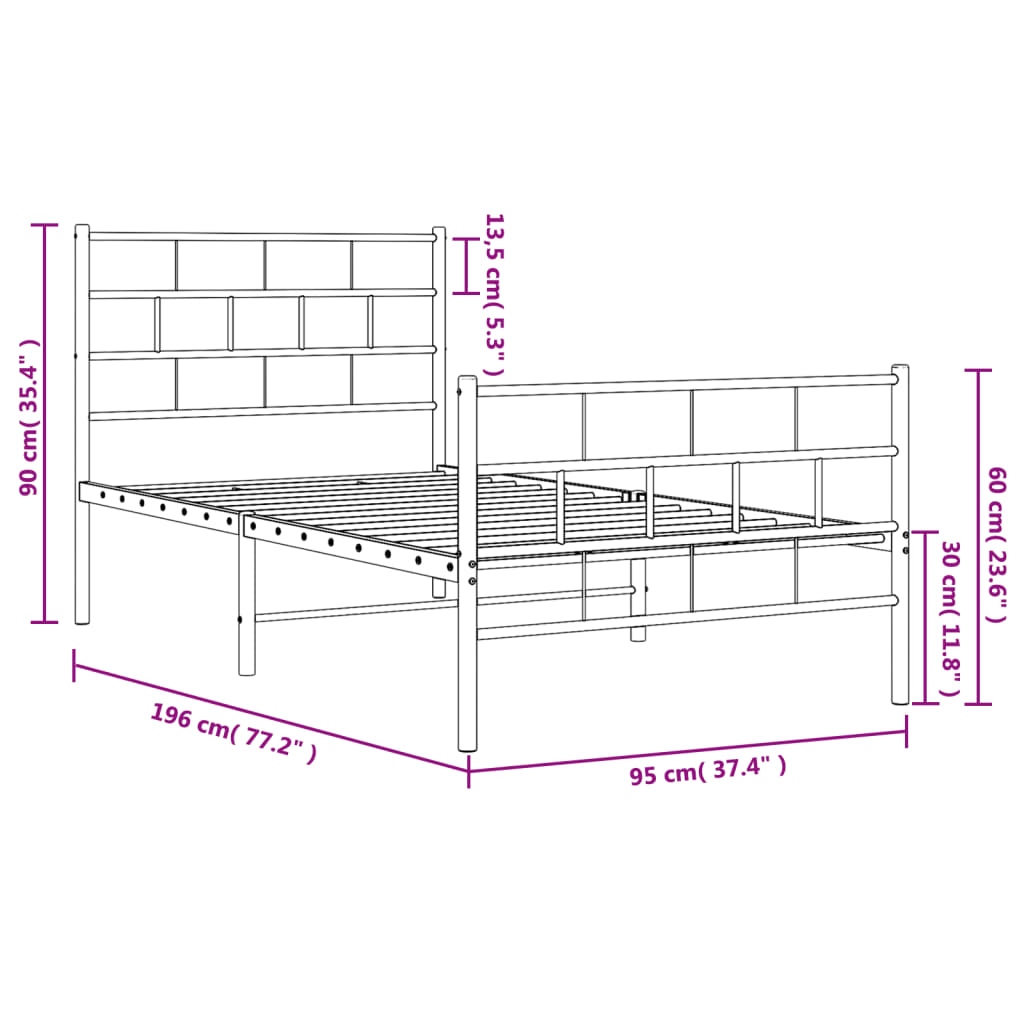 vidaXL Metal Bed Frame without Mattress with Footboard White 90x190 cm Single