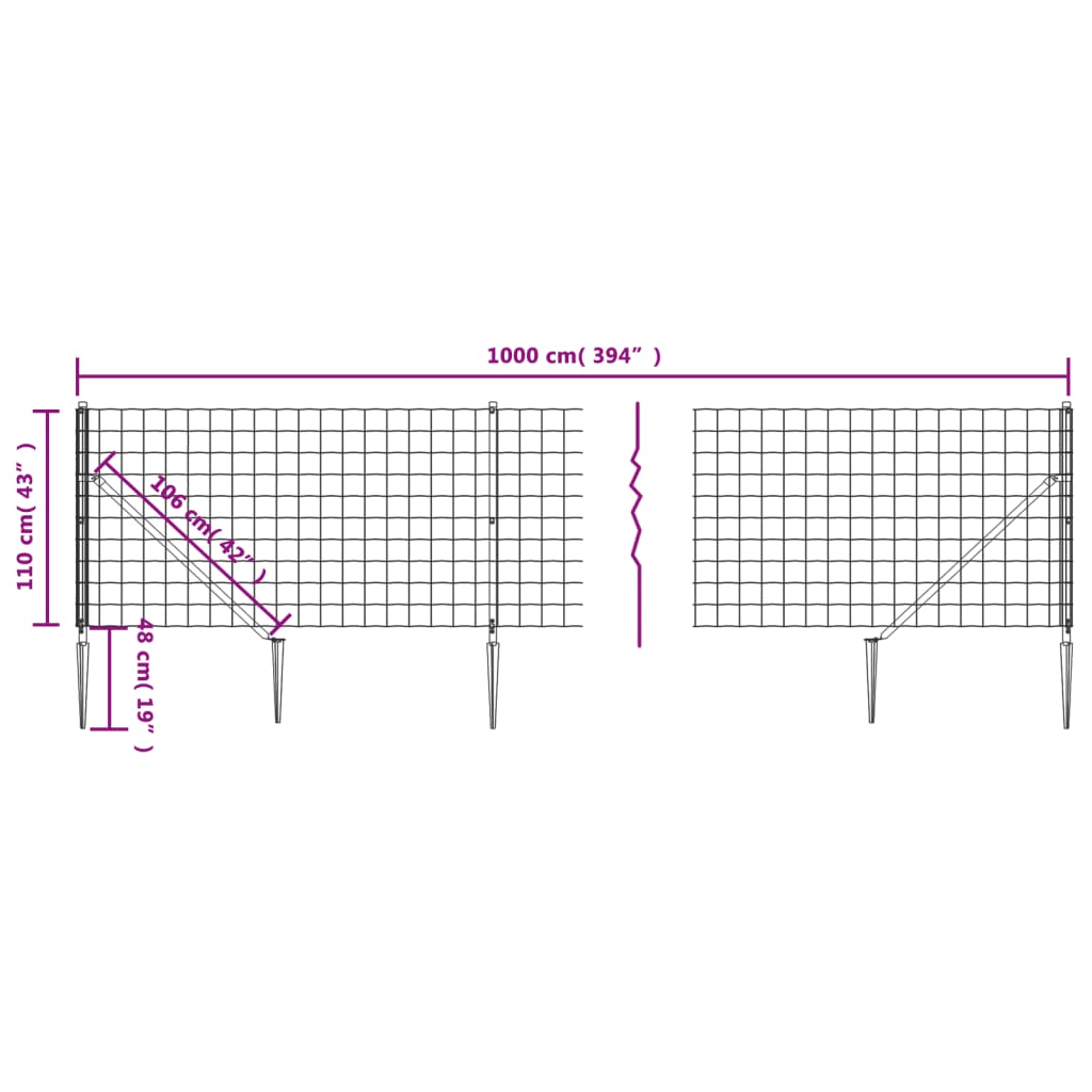 vidaXL Wire Mesh Fence with Spike Anchors Anthracite 1.1x10 m