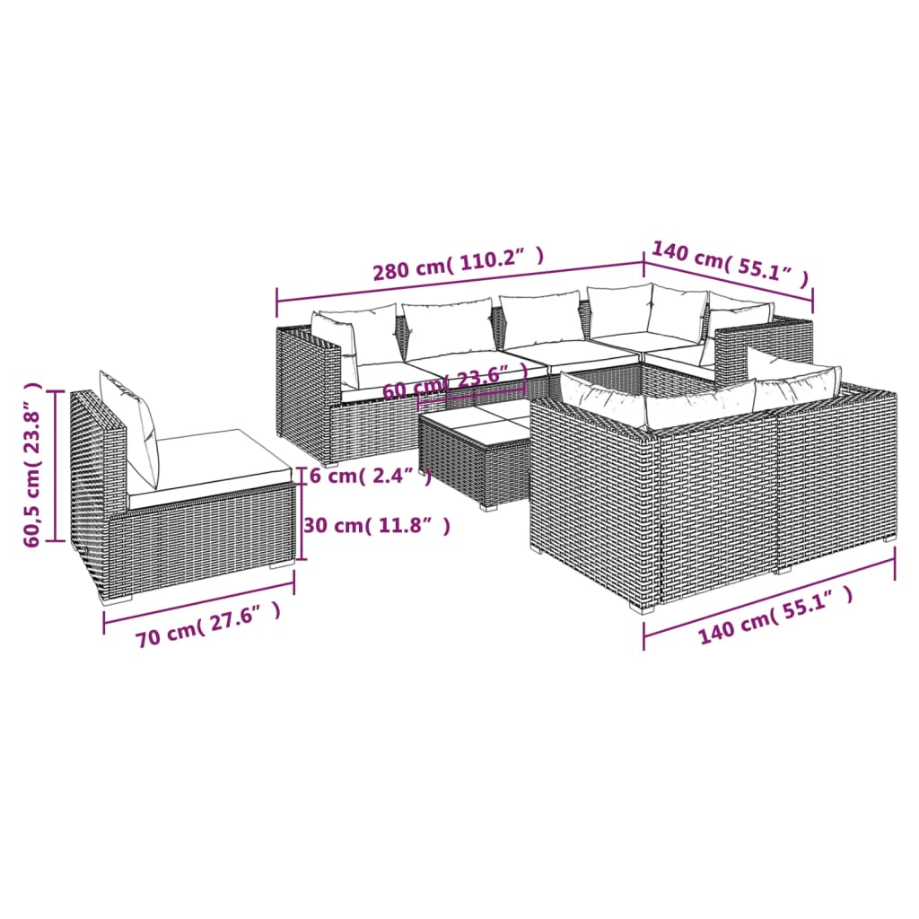 vidaXL 9 Piece Garden Lounge Set with Cushions Poly Rattan Brown