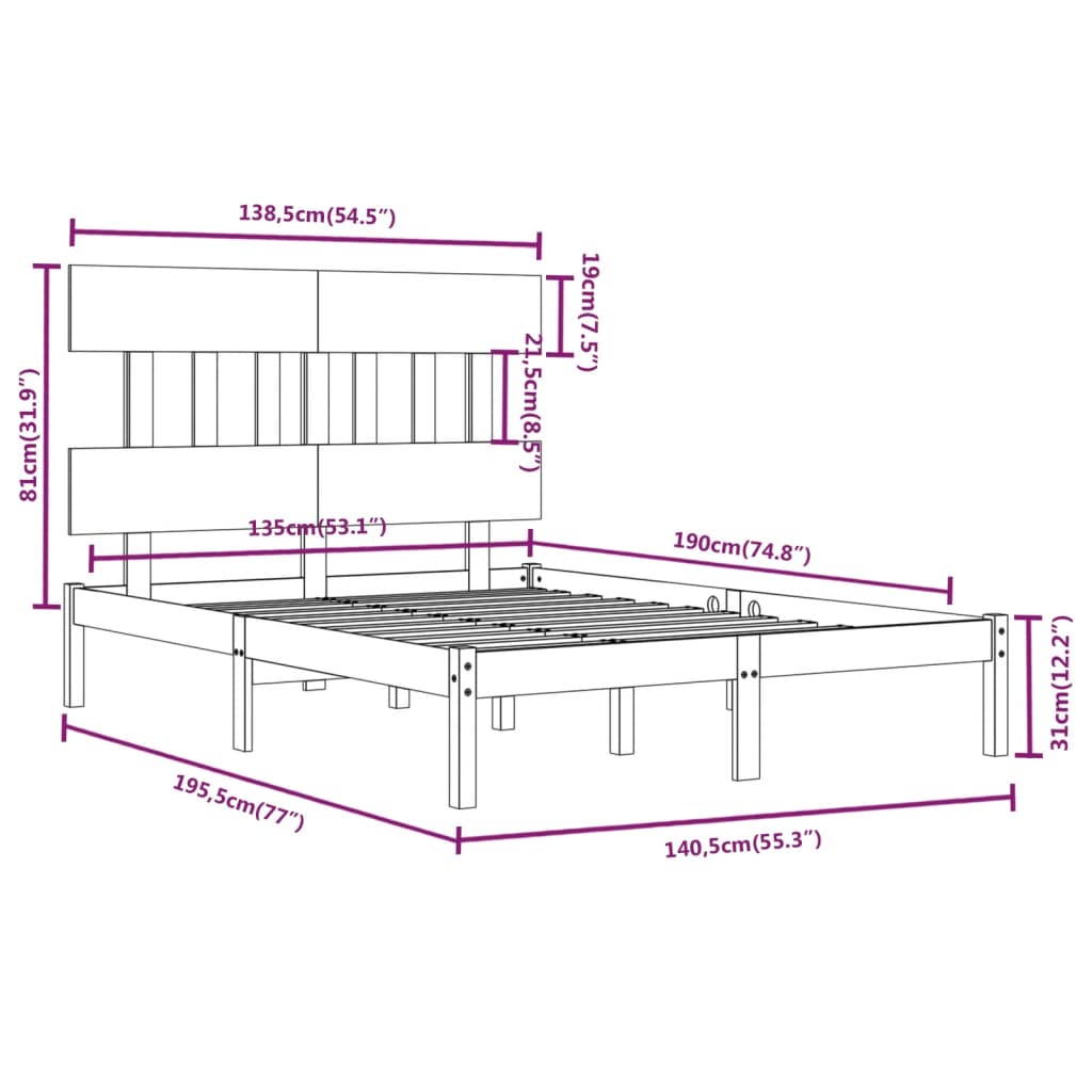 vidaXL Bed Frame without Mattress Black 135x190 cm Double Solid Wood