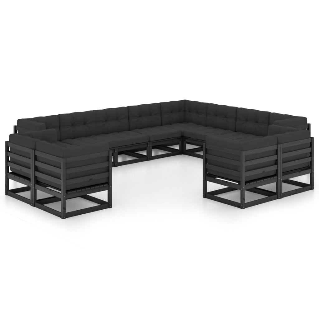 vidaXL 12 Piece Garden Lounge Set with Cushions Black Solid Pinewood