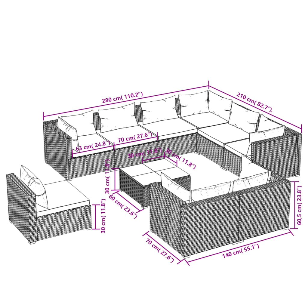 vidaXL 10 Piece Garden Lounge Set with Cushions Poly Rattan Grey