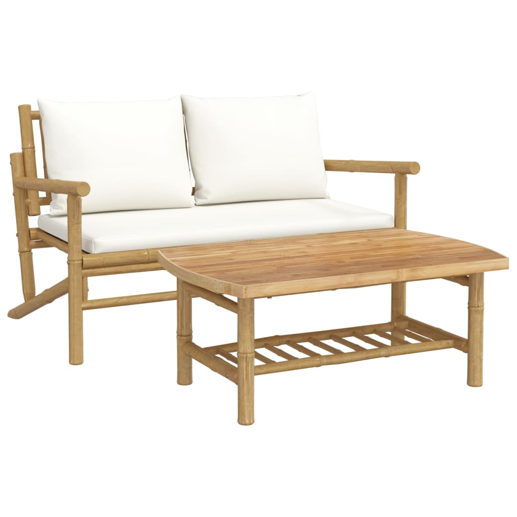 vidaXL 2 Piece Garden Lounge Set with Cream White Cushions Bamboo