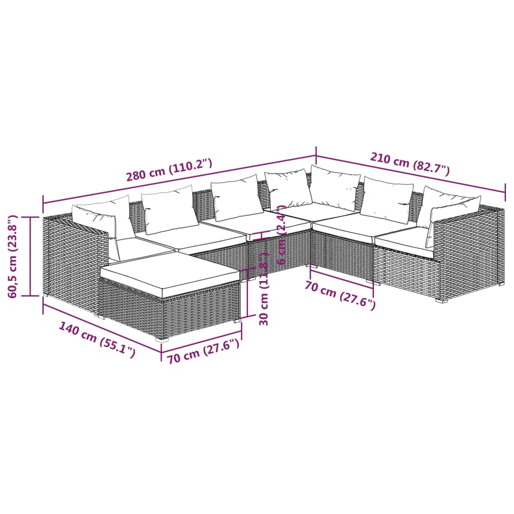 vidaXL 7 Piece Garden Lounge Set with Cushions Poly Rattan Grey