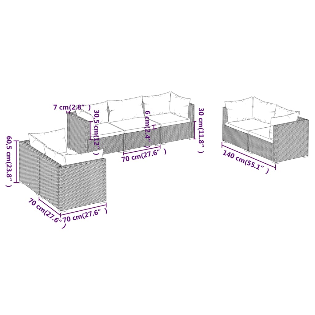 vidaXL 7 Piece Garden Lounge Set with Cushions Poly Rattan Grey