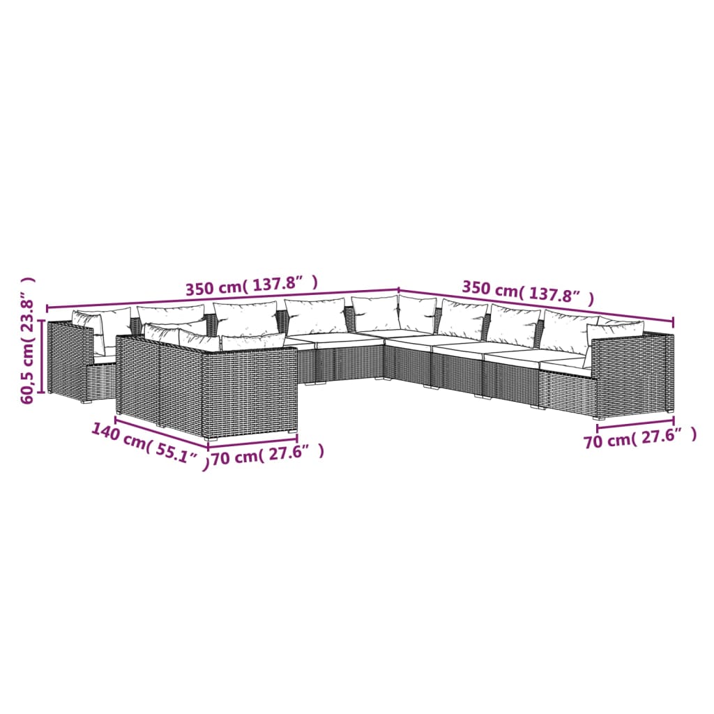 vidaXL 11 Piece Garden Lounge Set with Cushions Grey Poly Rattan