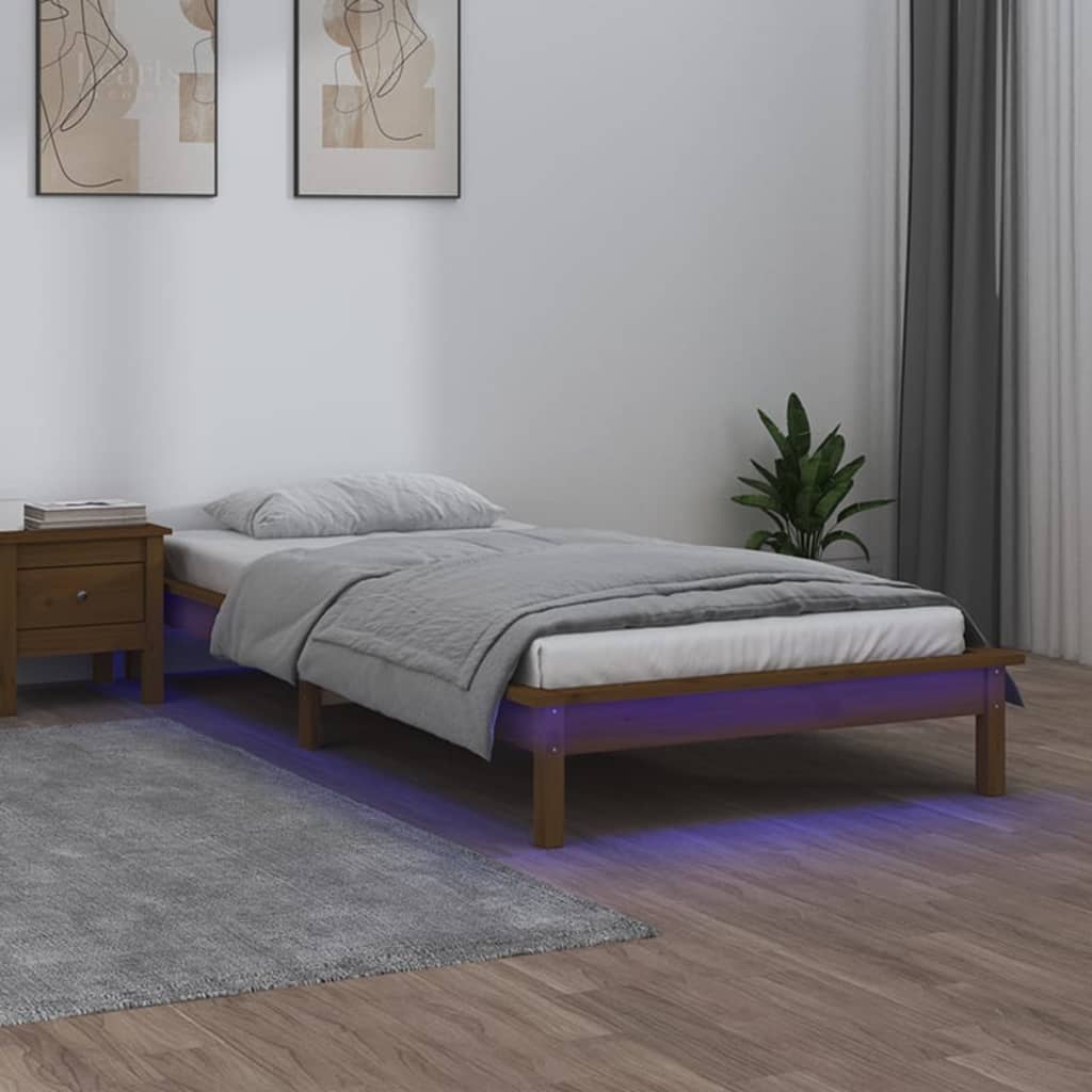 vidaXL LED Bed Frame without Mattress Honey Brown 90x190 cm Single Solid Wood