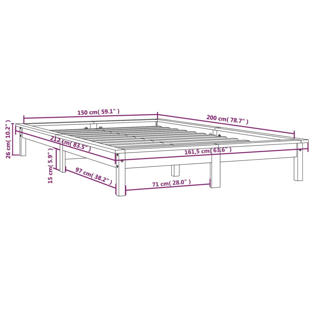 vidaXL Bed Frame Black 150x200 cm King Size Solid Wood Pine